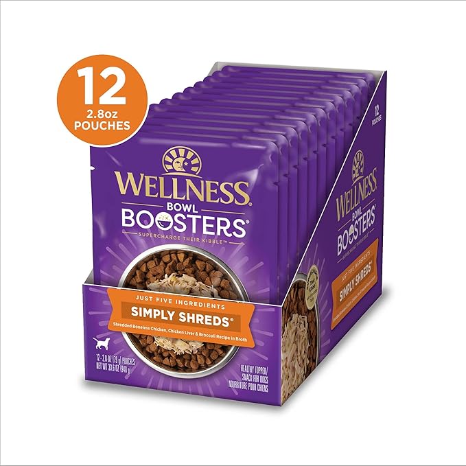 Wellness Bowl Boosters Simply Shreds Wet Dog Food Topper for Small, Medium, and Large Breeds, Grain Free, Natural, Chicken Liver and Broccoli Recipe, 2.8 oz, Pack of 12 Pouches