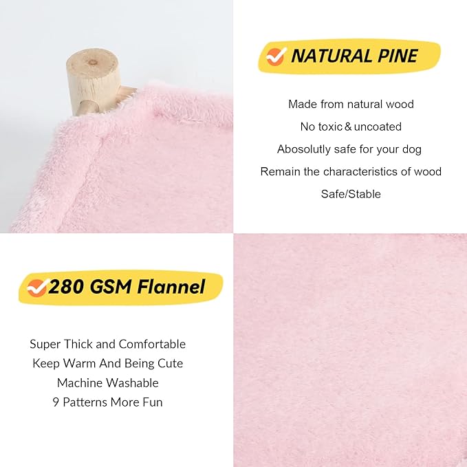 Patas Lague Cat and Dog Hammock Bed for Small Dogs, Brethable Wooden Cat Pet Rabbit Elevated Outdoor Bed Cots Furniture for All Seasons Fleece Pink