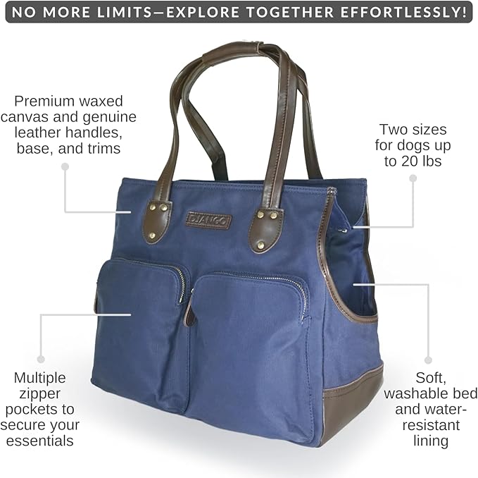 DJANGO Waxed Canvas & Leather Dog Carrier Tote Bag – Premium Soft-Sided Travel Dog Purse with Safety Leash, WR Lining, Zipper Pockets – Everyday Pet Carrier for Small Dogs up to 20 lbs (Navy, Large)