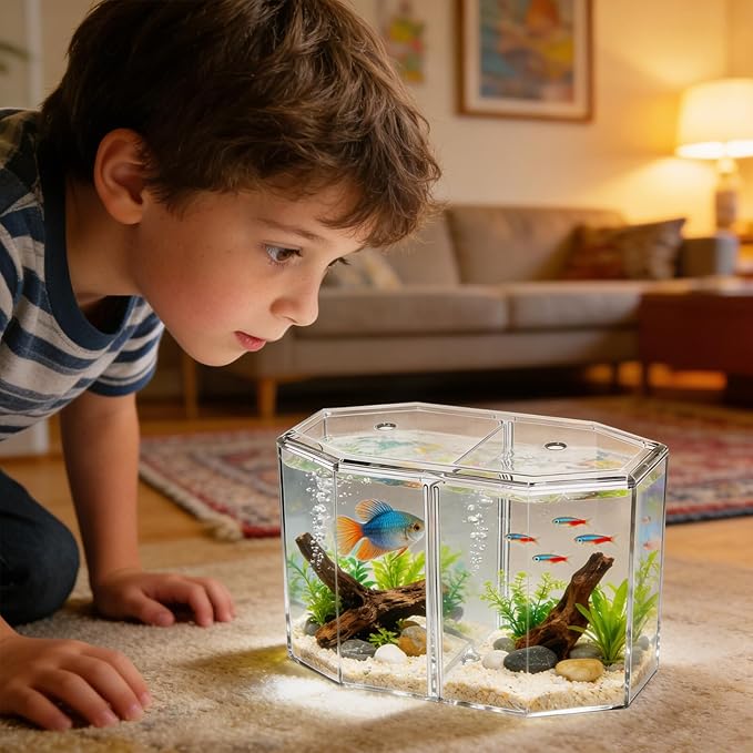 ERINGOGO Octagonal Acrylic Fish Breeding Tank Divider Box, High Transparency Dual-Compartment Isolation Hatchery for Betta and Small Tropical Fish, Aquarium Supply for Desktop Micro
