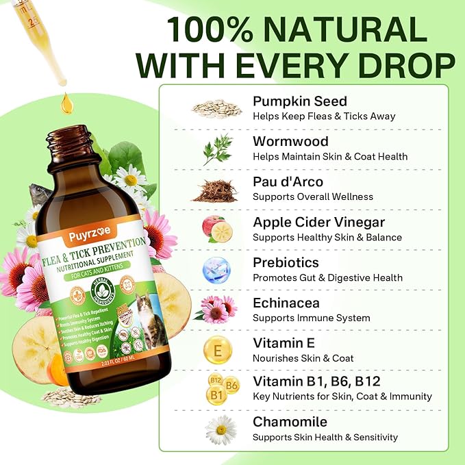 Flea and Tick Prevention for Cats, Natural Oral Cat Flea Treatment Drops with Pumpkin Seed, Echinacea & Omega-3/6/9- Support Immunity, Healthy Skin & Coat, Digestion & Overall Wellness, 60 ML