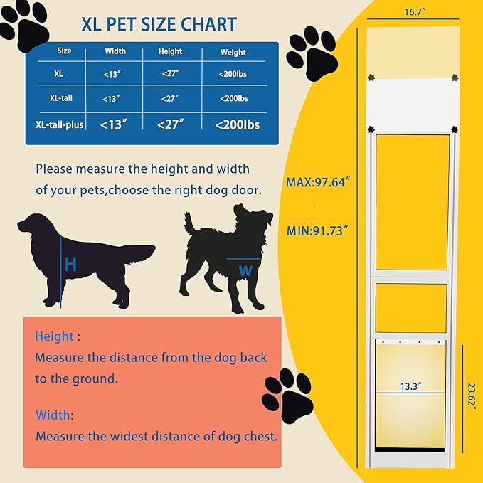 Extra Large Dog Door for Sliding Glass Doors, Adjustable Height 91.73"-97.64",No-Cut Easy Installation,Magnetic Closing Curtain.