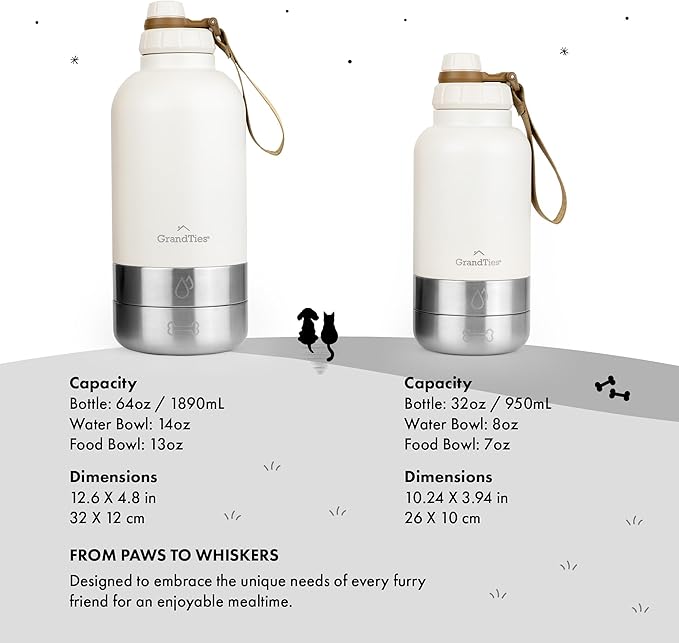 GrandTies Insulated Portable Water Bottle with 2 Detachable Dog Bowl Dispenser | Leak-Proof Food Travel Container | Walking, Hiking, Camping (64oz, Ivory White)