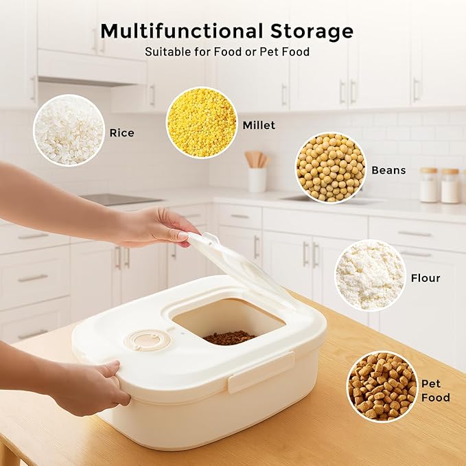 40-50lbs Dog Food Storage Container, Large Capacity Collapsible Airtight Pet Food Storage Containers with Rolling Wheels, Transparent Lid, Scoop and Date Track, Brown