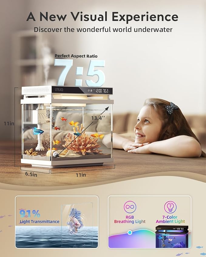 Fish Tank Smart Aquarium Kit: 2 Gal UHD Glass Silent Water Pump Self Cleaning System Temperature Monitoring Essential Oil Diffuser with Humidifier 7 Color Lights Multi-Layer Filtration System - White