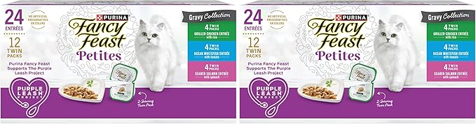 Fancy Feast Purina Gourmet Wet Cat Food Variety Pack,Petites Gravy Collection,Break-Apart tubs,48 Servings - 2.8 oz. Tubs,(Pack of 24)