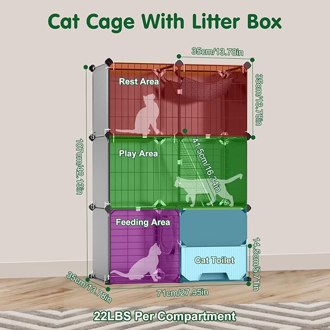 3-Tier Cat Cage, Indoor Cat Enclosures with Litter Box Hammock Ladders, DIY Cat Playpen Detachable Metal Wire Kennels Kitten Crate Cats House Large Exercise Place for 1-2 Cats/Kitten, 28"x14"x42"