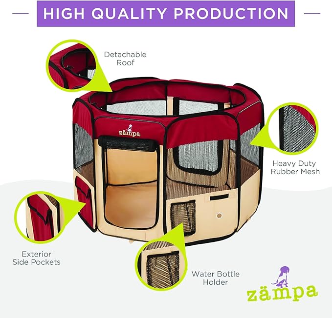 Zampa Puppy Pop Up Portable Playpen for Dog and Cat, Foldable | Indoor/Outdoor Kitten Pen & Travel Pet Carrier + Carrying Case (Red, Small (36"x36"x24"))