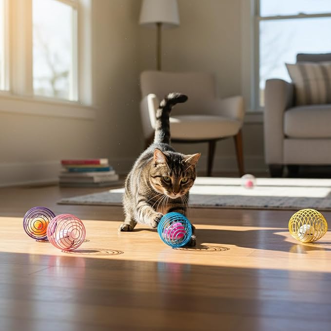 Jecery Cat Spring Balls Toys Stretchable Rolling Balls Colorful Playful Coils Interactive Action Toy Caged Rats for Kitten Pet Supplies (Mouse and Bell,Multicolor,5 Pcs)