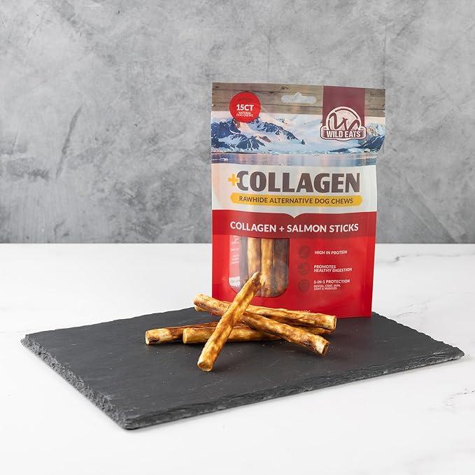Wild Eats Real Salmon Collagen Sticks for Dogs, (15ct, 1cm Thick) Healthy Bully Stick - Long Lasting Dog Chew Treat
