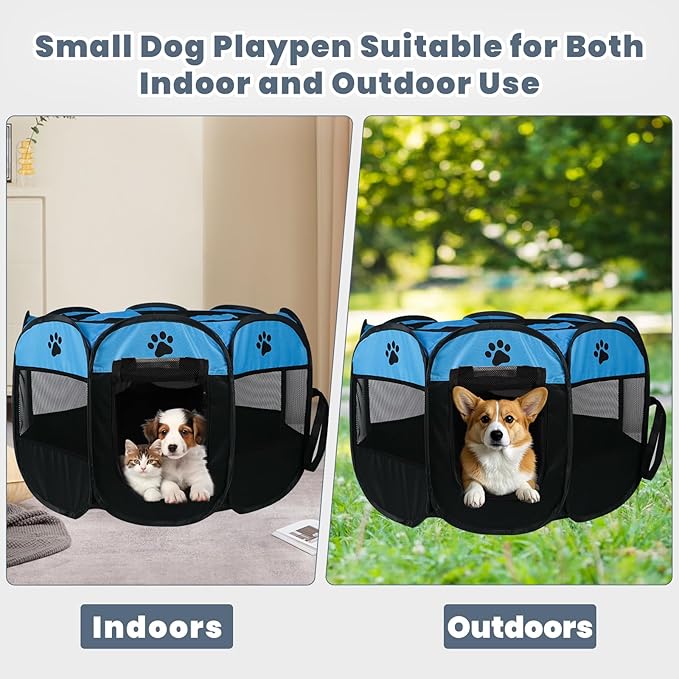 Dog Playpen,Puppy Pet Cat Playpen Indoor for Small Dogs Tent Crates Cage Indoor/Outdoor, Portable Pop Up Dog Kennel Playpen with for Dogs/Cats/Rabbits, Removable Zipper Top(Small Size, Blue)