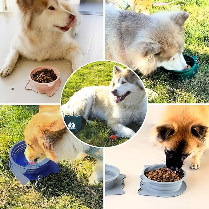 RUNROLE 2-in-1 Collapsible Silicone Dog Travel Bowls, Slot Together and Use Separately, Portable Pet Food Water Bowls, Foldable Cat Feeding Watering Dishes, 20OZ+27OZ(Forest Green)