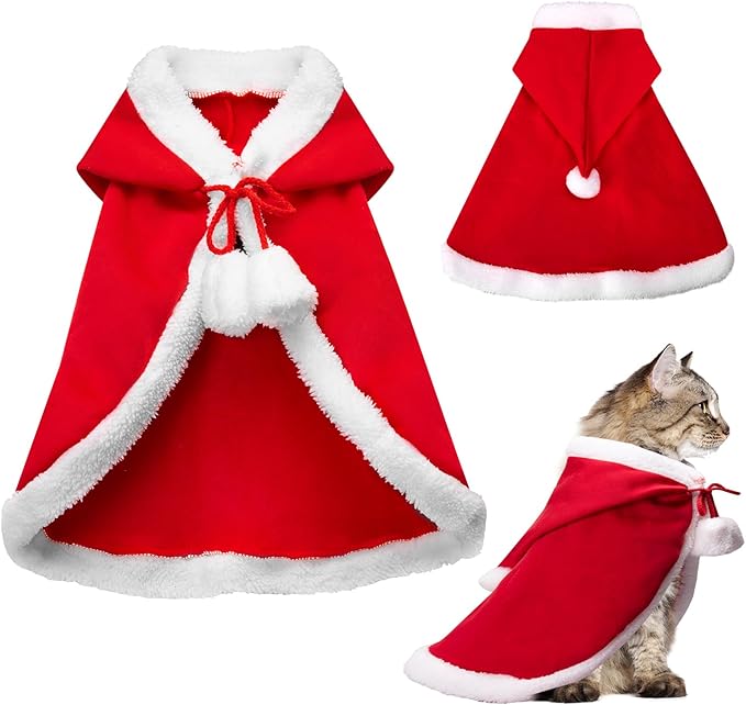 Cat Christmas Cape, Dog Soft Thick Xmas Cloak with Hat, Pets Christmas Costume Dogs Cats Santa Claus Outfits for Goose Rabbit, M