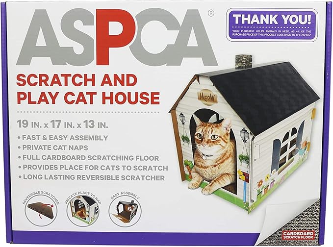ASPCA Cardboard Cat House Hideaway Playhouse with Cat Scratcher Scratching Pad 19" L x 13" W x 17" H
