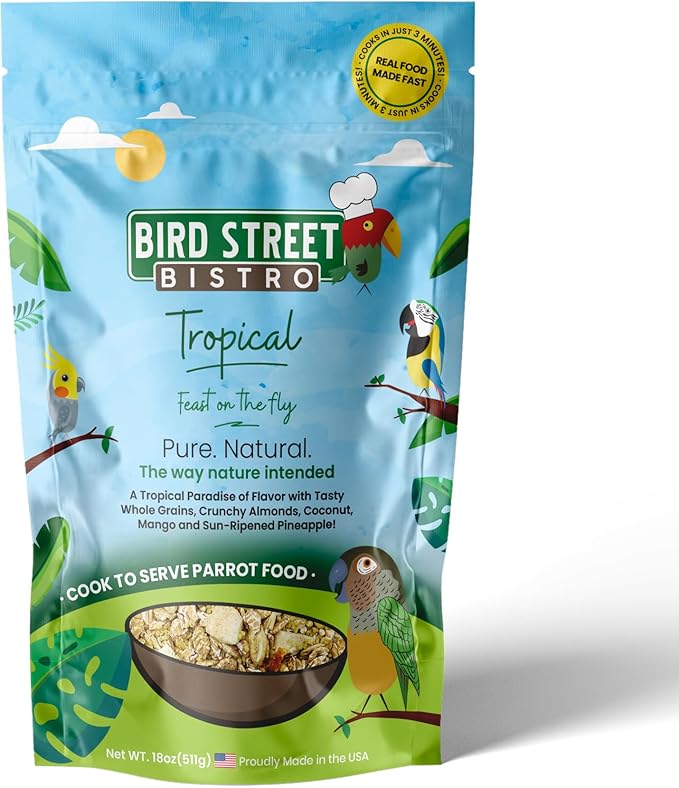 Bird Street Bistro Parrot Food for Parakeets & Cockatiels - Tropical - 18 oz - Cooks in 3-15 min, Natural Wholesome Grains, Fruits & Vegetables - USA Made