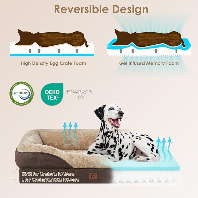 EHEYCIGA Orthopedic Dog Bed for Large Sized Dog, 36x27x7 Inch Large Memory Foam Dog Couch Bed with Sides, Waterproof Liner & Washable Removable Cover, Bolster Pet Sofa, Brown