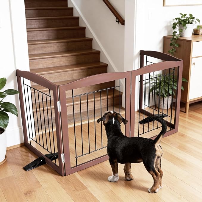 ZJSF Freestanding Dog Fence Indoor, Foldable Dog Gate for Doorways, Stairs or Hallways, Sturdy Wood Extra Wide Pet Gate with Support Feet for The House, Brown, 24 "Height-6 Panels