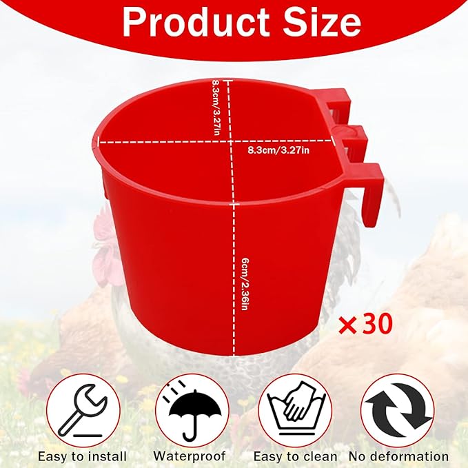 30 Pcs Chicken Coop Feeder Water Cup,8 oz Cage Cups Chicken Feeder Waterer, Cage Cups Birds Hanging Feeders, Chicken Feeder Water Bowl for Parakeet Poultry Pigeon Bunny Wire Cage (Red)