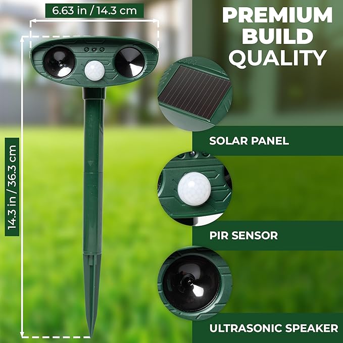 Upgraded Solar Ultrasonic Animal Repellent Outdoor (Pack 2pcs) - Cat Repellent Outdoor, Squirrel, Deer, Raccoon, Pest Repeller - Keep Skunk Away Motion Detection with Flash Light for Yard Garden Lawn