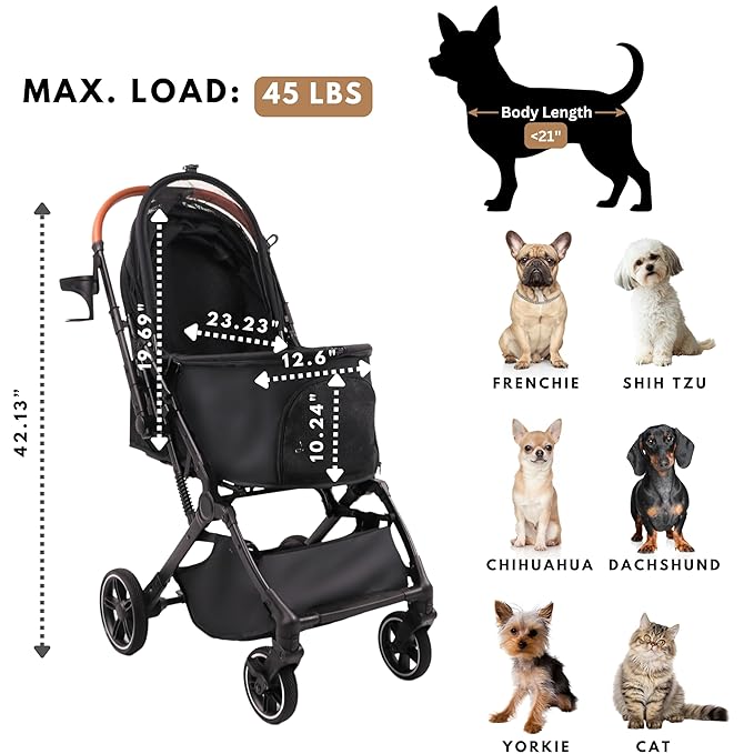 Pet Stroller for Small Medium Dogs Cats Up to 45 lbs, Travel Lite Collapsible, All Terrain 4 Wheels for Jogging, Running, Grey