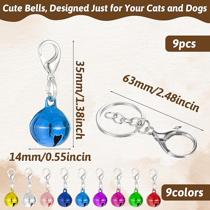 9 PCS Cat Collar Bell, Dog Collar Charm Bells with Key Rings, Colourful Pet Small Bells with Clasps, Pet Bell Gift Charms for Collars DIY Crafts