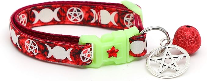 Wicca Cat Collar with Occult Charm & Bell | Witch’s Familiar Cat Collar | Witch Kitten Collar Charms | Glow in The Dark | Safety Breakaway Collar (Small(10lbs & Less), Ruby)