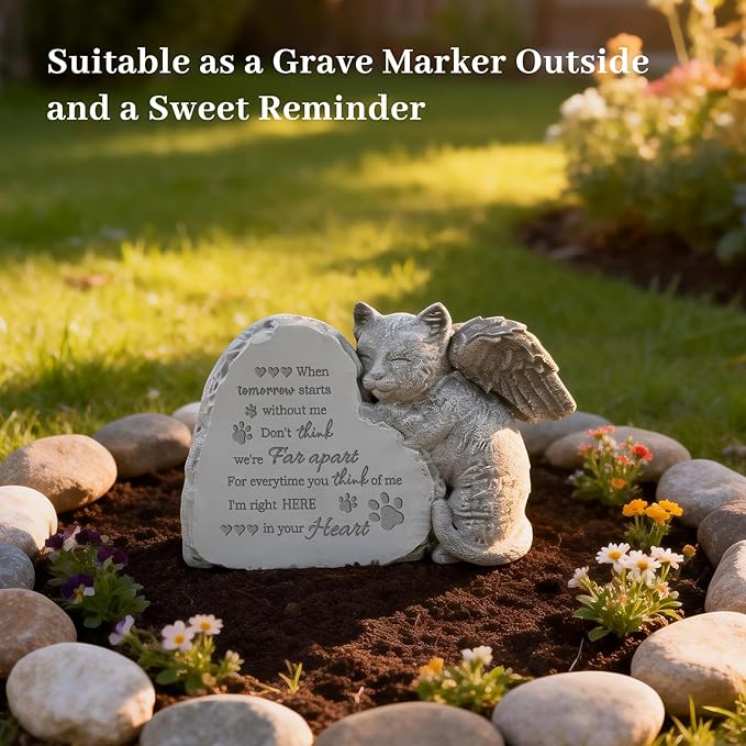 Cat Memorial Gifts for Loss of Cat, Pet Loss Sympathy Gift, Angle Cat Figurine Placed in Outdoor Garden or on Tombstone, Pet Memorial Stone