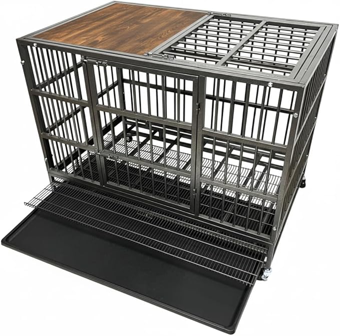 38" Furniture Dog Crate for Large Dogs, Heavy Duty Dog Kennel Indoor with Removable Crate Trays, Wheels and Stylish Wooden Top, Extra Large XL XXL Dog Cage, Woodtoop