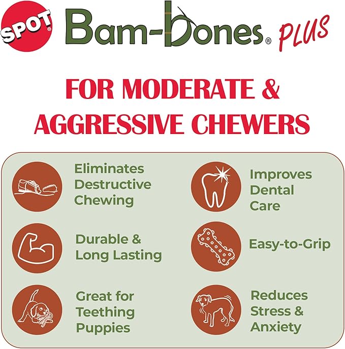 SPOT Bam-Bones Plus T Bone - Bamboo Fiber & Nylon, Durable Long Lasting Dog Chew for Aggressive Chewers – Toy for Dogs & Puppies Under 60lbs, Non-Splintering, 6in, Allergen Free Peanut Butter Flavor