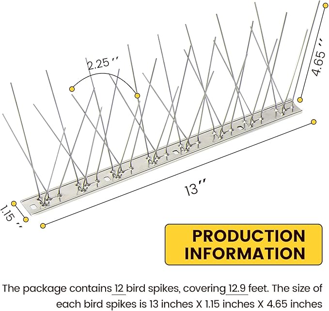KKY 12 Pack Bird Spikes-13 inch Anti-Bird Nails Repellent Metal for Pigeon and Other Small Birds(12.9 Feet)