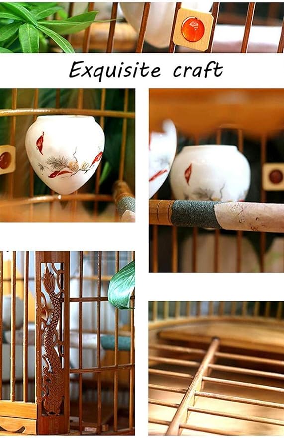 Bamboo Carved Bird Cage Traditional Chinese Style Boutique Thrush Bird Cage Garden Hanging Decor