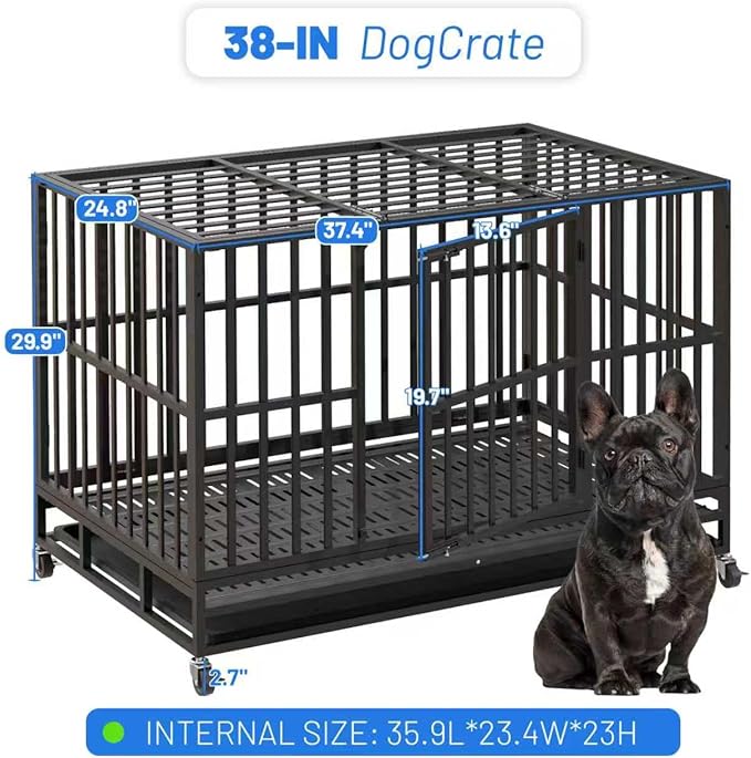 38 Inch Heavy Duty Indestructible Dog Crate, XL Steel Escape-Proof Kennel for Large Dogs, Double Door Design with 4 Locking Wheels & Reinforced Baseplate, Ideal for High-Anxiety Dogs