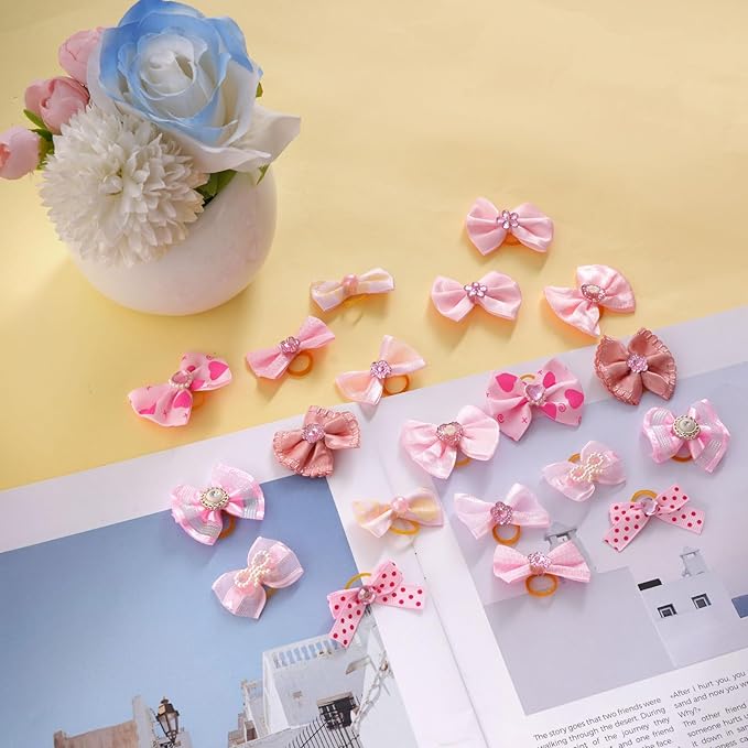 20 PCS Cute Dog Hair Bows with Rubber Bands Elastic Handmade Mix Style Lace Rhinestone Pearls for Furry Puppy Cat Pet Girl(Novel Pattern,Pink)