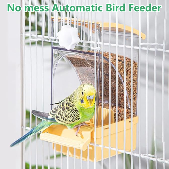 Hamiledyi 2Pcs Automatic Bird Feeder No Mess Bird Cage Feeder Transparent Acrylic Parrot Seed Food Container with Perch Cage Accessories for Parakeet Finch Lovebirds Budgies Canary (Yellow)