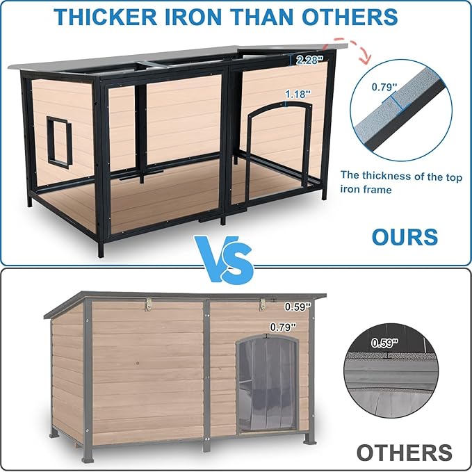 Extra Large Dog House Outdoor Weatherproof 59.1" Outside Wooden Dog Kennel, Chewproof Strong Iron Frame Window