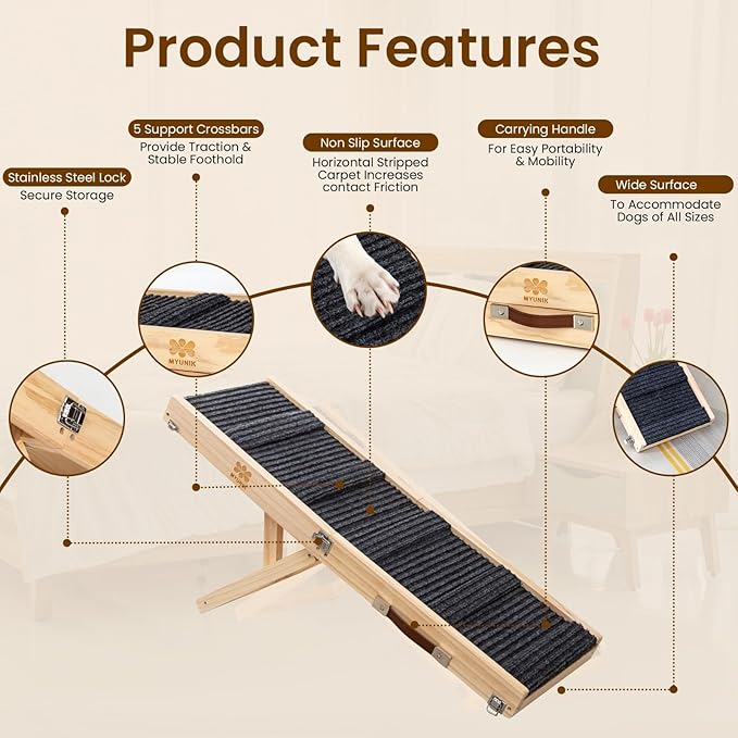 Upgraded 2026 MYUNIK Adjustable Small Dog Ramp 37.8" Foldable Solid Wood Pet Small Ramp with 5 Heights 13.6–21.5", Non-Slip Carpet Handle Ramp for Bed Couch Sofa & Car