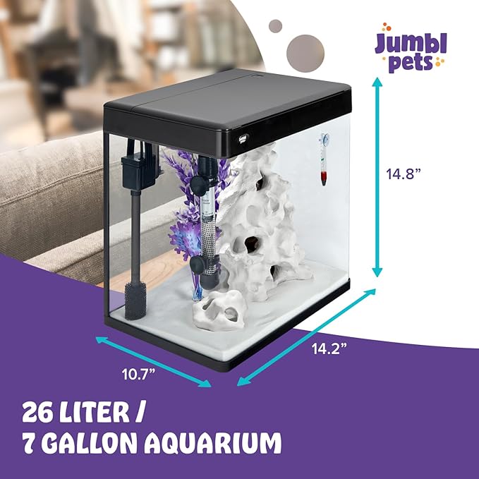 JumblPets Premium Fish Aquarium Kit, Complete Glass Fish Tanks Set with LED, Filtration System & Set, Hood & Lid, Bubbler Kit, Heater, Thermometer & Net, Ideal for Freshwater/Marine Fish, 7 Gallon
