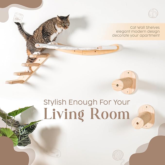 Wall Mounted Cat Shelves – 4-Piece Hammock Set with Ladder & Steps for Small & Large Cats – 45 lb Capacity Wall Mounted Cat Furniture