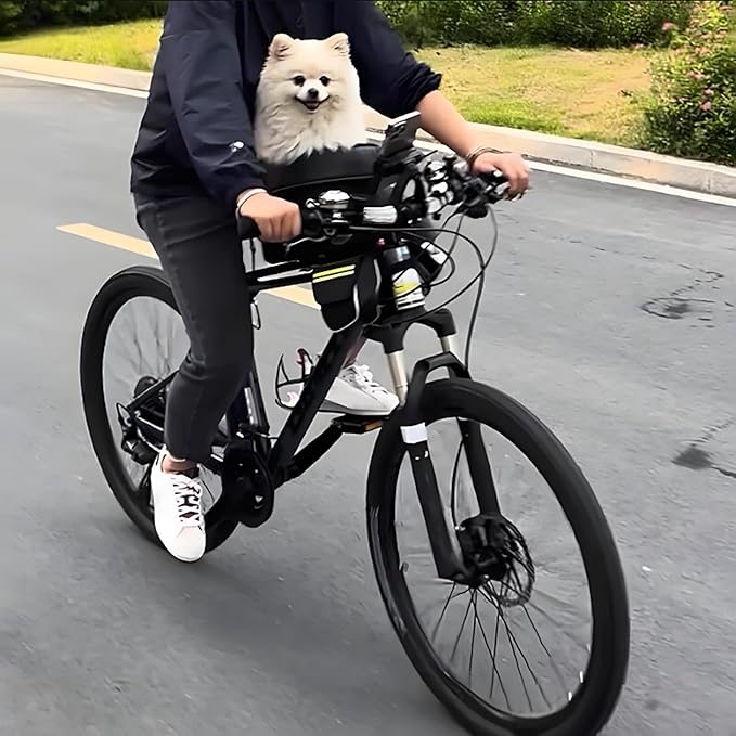 Dog Bike Basket, Soft-Sided Ventilated Dog Bike Carrier Backpack, Pet Bicycle Basket, Small Dogs Cat Kitten Puppy Booster Car Seat with Safety Strap, Safe and Easy (Black)