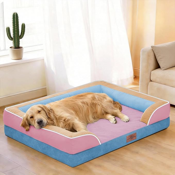 Comfort Expression Orthopedic Dog Bed for Extra Large Dogs 42x30 Inch, Waterproof Egg Crate Foam XL Pet Bed with Removable Bolsters, Dog Couch with Washable Cover & Non-Slip Bottom, Bubblegum Cove