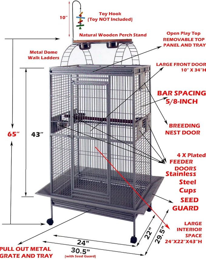 Large Double Ladders Open Play Top Wrought Iron Bird Parrot Parakeet Finch Macaw Cockatoo Cage, Include Seed Guard and Toy Hook (30.5''L x 29.5''W x 65''H, Black Vein)