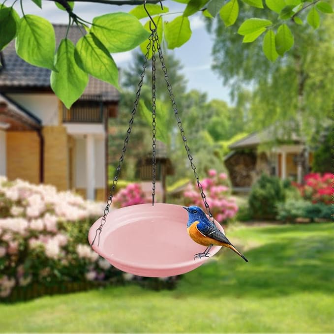 Hanging Bird Feeder, Waterer Tray, Bird Food Tray with Detachable Hook for Backyard, Garden, Balcony, Trees Lawn, Pink