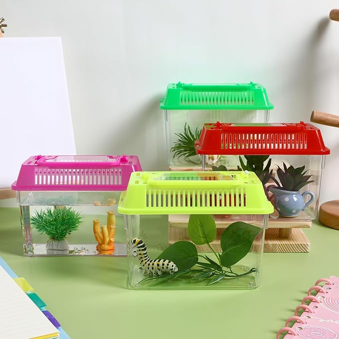 4Pcs Portable Fish Tank with Handle, 5.9-Inch Small Plastic Reptile Carrier for Travel, Transparent Critter Keeper for Betta Fish, Turtles & Hamsters, Mini Pet Habitat Breeding Box