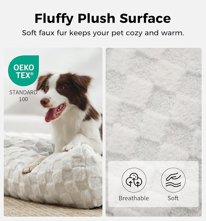 Made4Pets Cat and Dog Indoor Couch Bed, Soft Faux Fur Checkered Pet Sofa, Cozy Fluffy Pet Sofa with Supportive Foam, Removable Washable Cover with Non-Slip Base, White, Medium