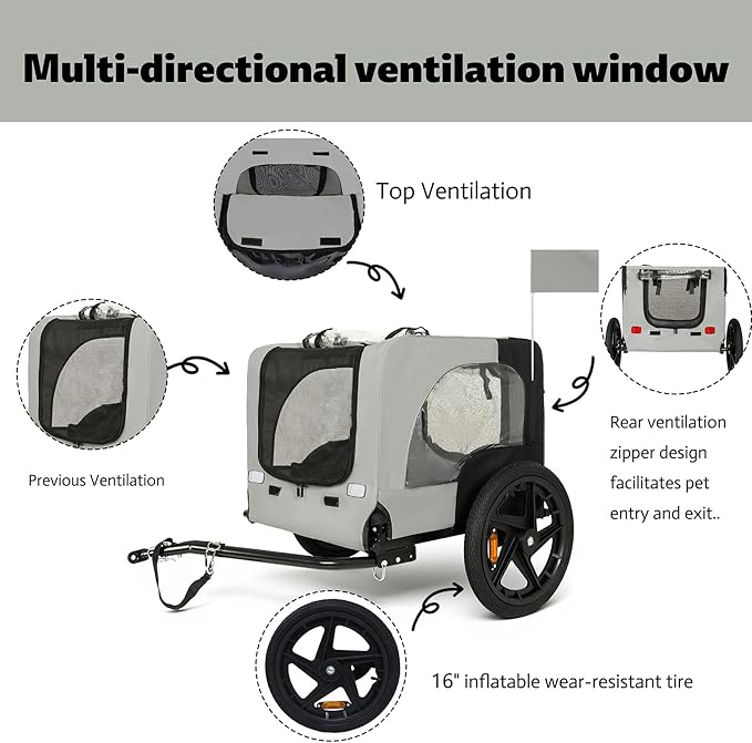 Anwick Dog Bike Trailer, Heavy Duty Dog Trailer for Bicycle, Cart Pet Bike Carrier with 3 Doors, 16" Wheels, Flag, Collapsible to Store, Pet Cart Bicycle Carrier for Small and Medium Pets