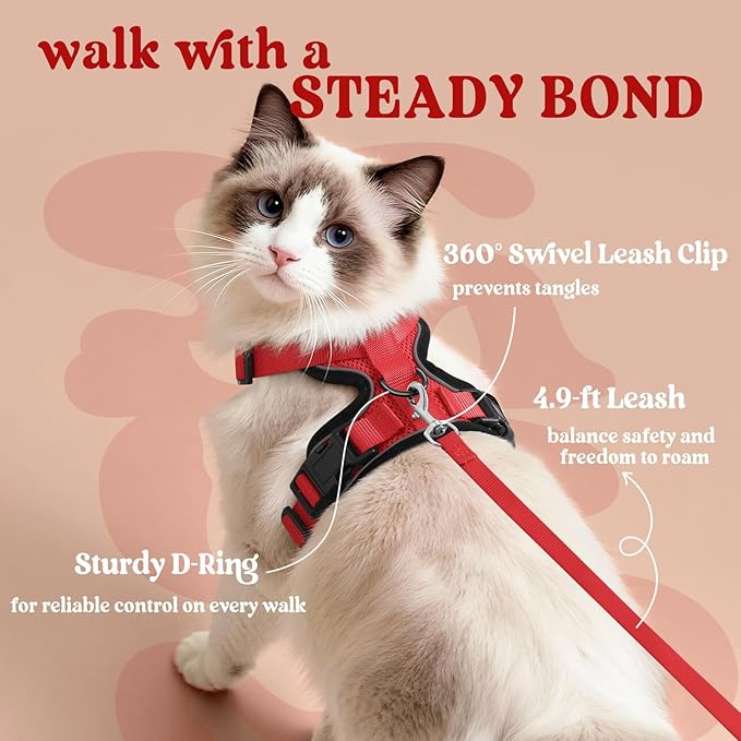 rabbitgoo Cat Harness and Leash for Walking, Escape Proof Soft Adjustable Vest Harnesses for Cats, Easy Control Breathable Reflective Strips Jacket, Red, XXS