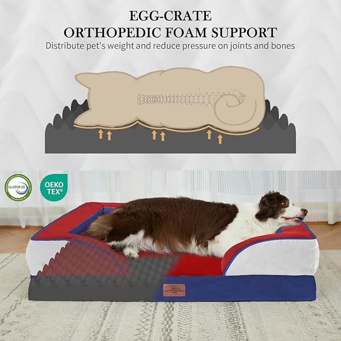Comfort Expression Orthopedic Dog Bed for Extra Large Dogs 42x30 Inch, Waterproof Egg Crate Foam XL Pet Bed with Removable Bolsters, Dog Couch with Washable Cover & Non-Slip Bottom, Primary Tri-Color
