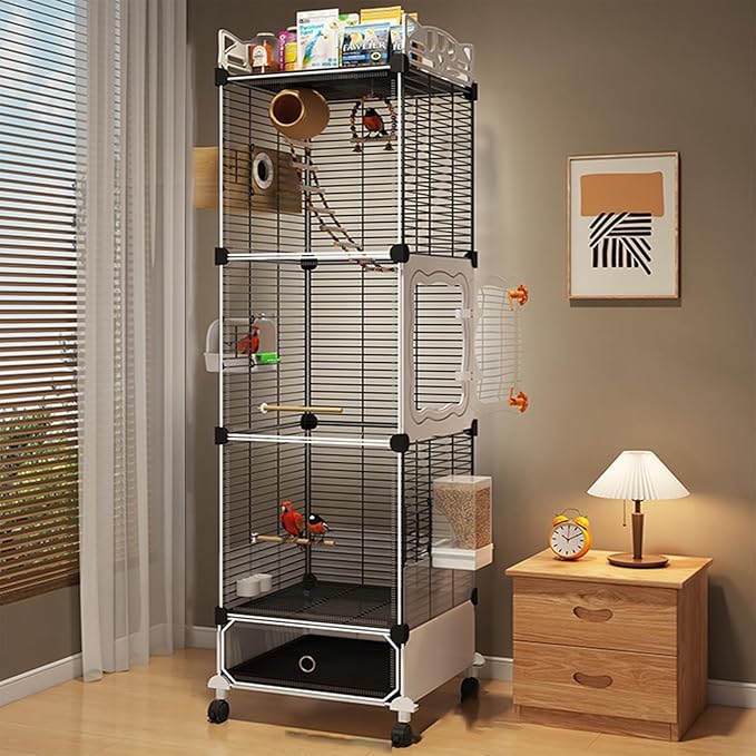Large Parrot Cage with Acrylic Doors, 4 Casters, Perch & Feeder, Detachable Drawer, Ideal for Cockatiels, Budgies, Conures, Indoor/Outdoor Use – Spacious White Birdcage (Black, 36 * 36 * 142cm)