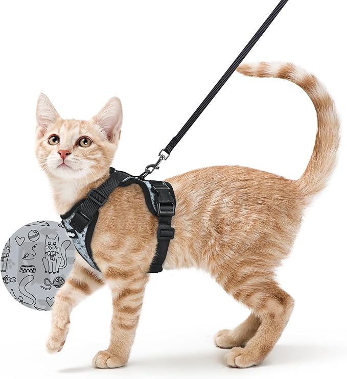 rabbitgoo Cat Harness and Leash for Walking, Escape Proof Soft Adjustable Vest Harnesses for Cats, Easy Control Breathable Reflective Strips Jacket, Doodle Gray,XS