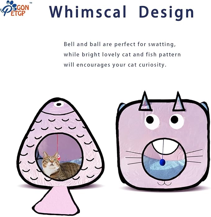 Cat Tunnel for Indoor Cats with Cube Tent Toys Combo, Crinkle Paper Collapsible Interactive Pet Cat Tubes with Play Ball and Bell for Puppy, Kitty, Kitten, Rabbit (3 in 1 Set)